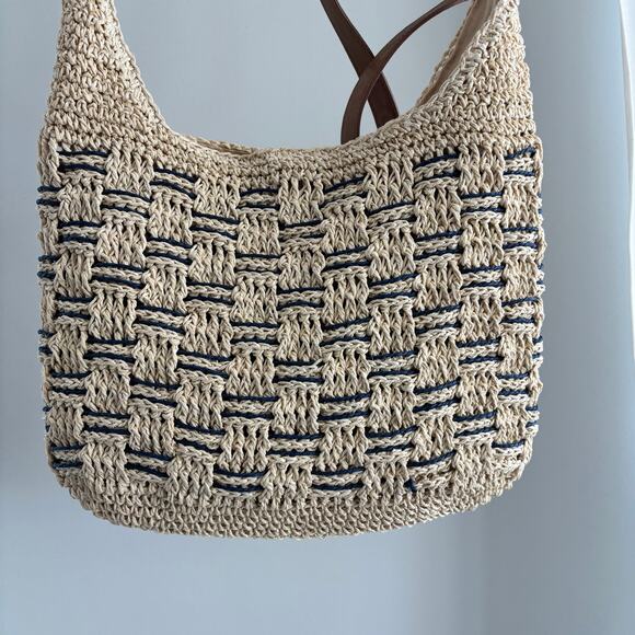 Sonoma Women's Beige Navy Woven Straw Crossbody Purse Lined - Picture 7 of 8